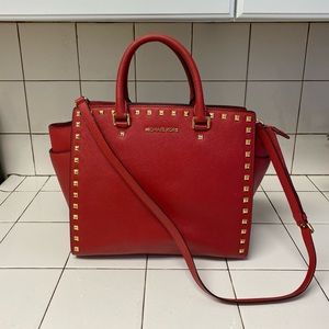 Michael Kors Large Selma Studded Saffiano Tote Red